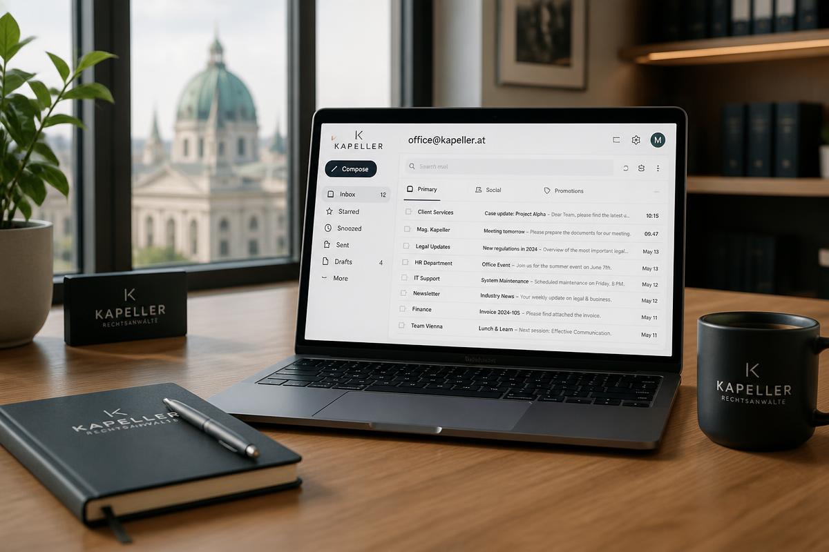 Laptop mit Firmen-E-Mail-Postfach unter eigener Domain in einem Wiener Büro