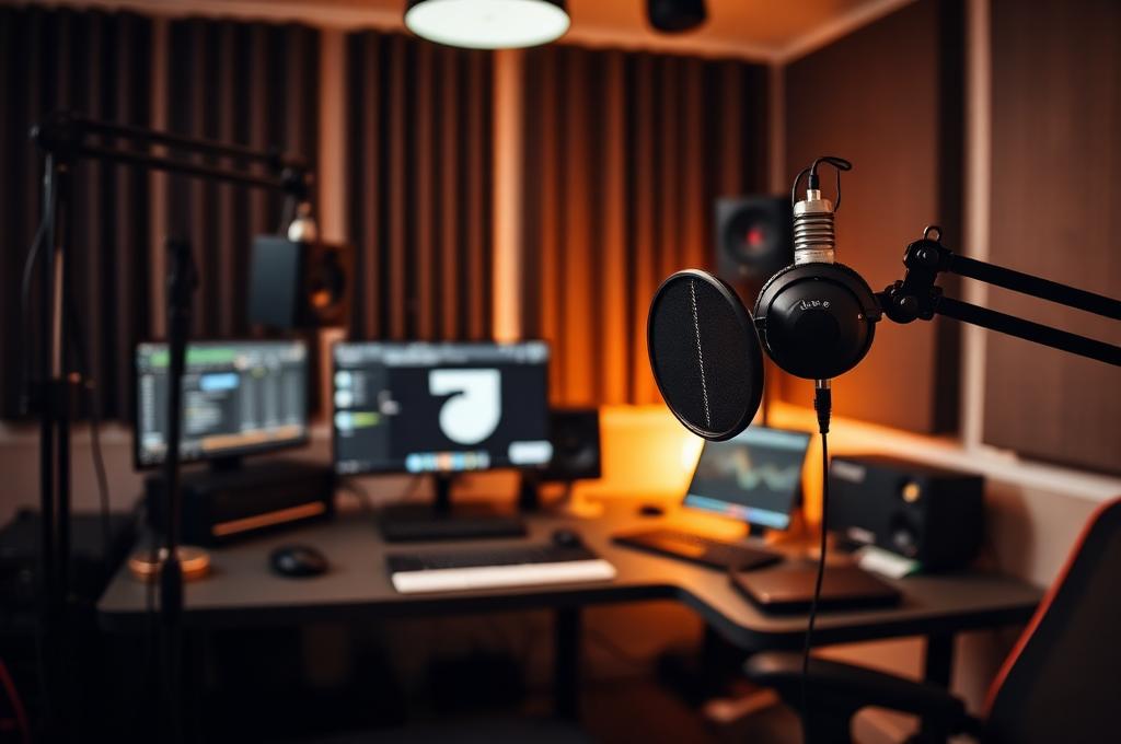 Professionelles Podcast-Aufnahmestudio mit Mikrofon und Kopfhörer